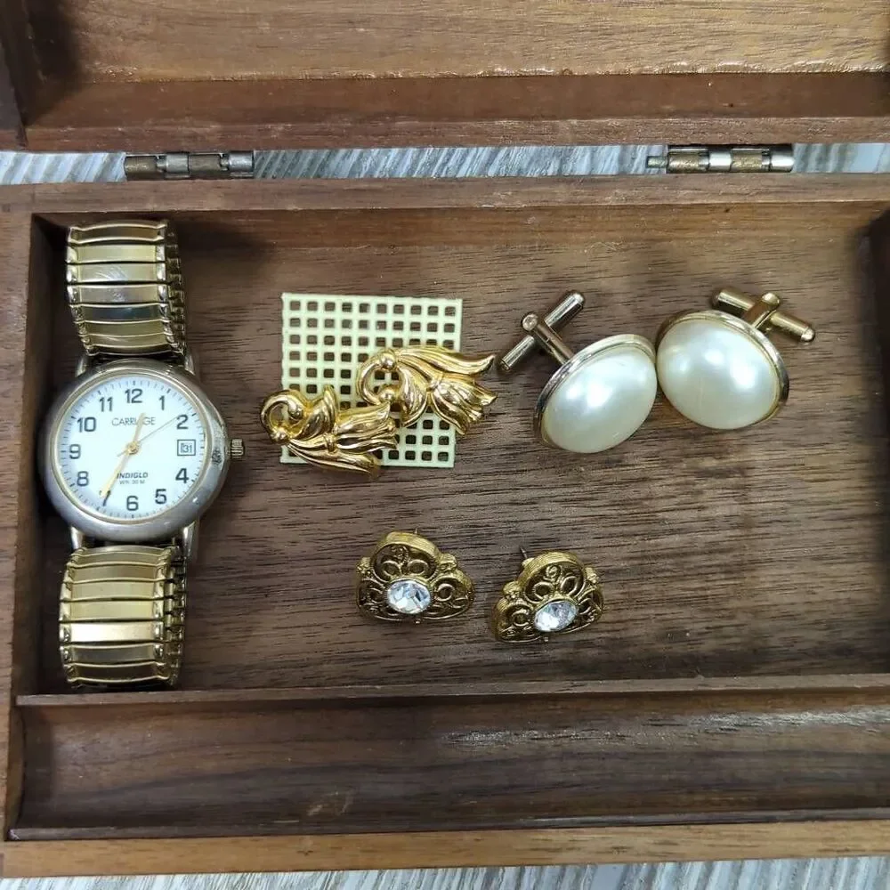 Wooden Jewelry Box with Lot of Vintage Costume Jewelry